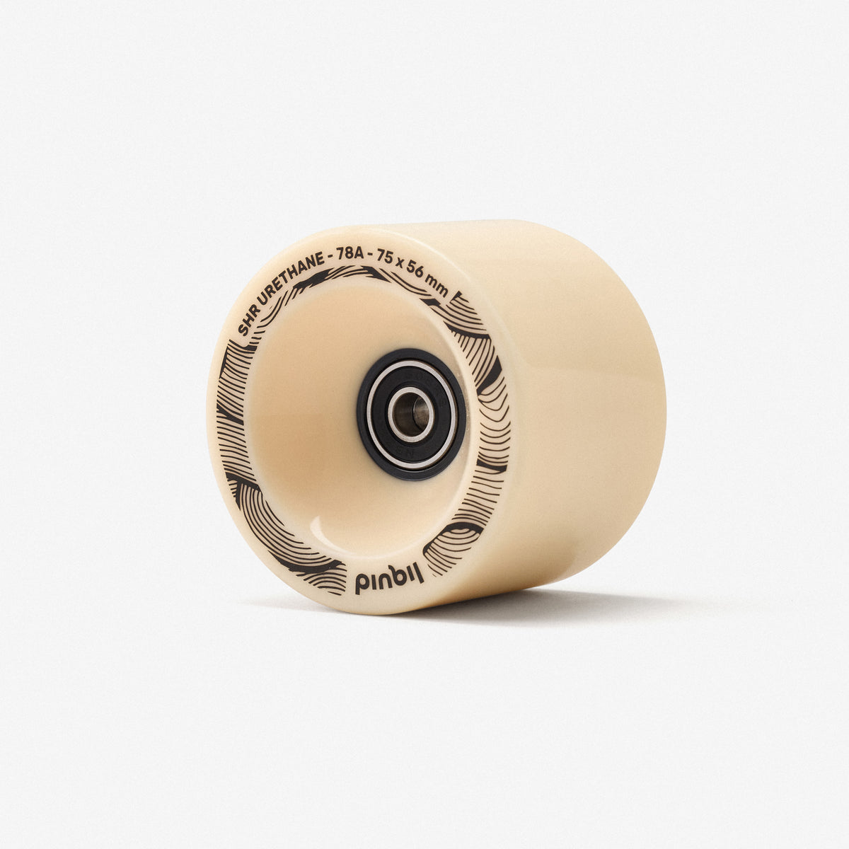 Beige skateboard wheel with black text and branding on a white background